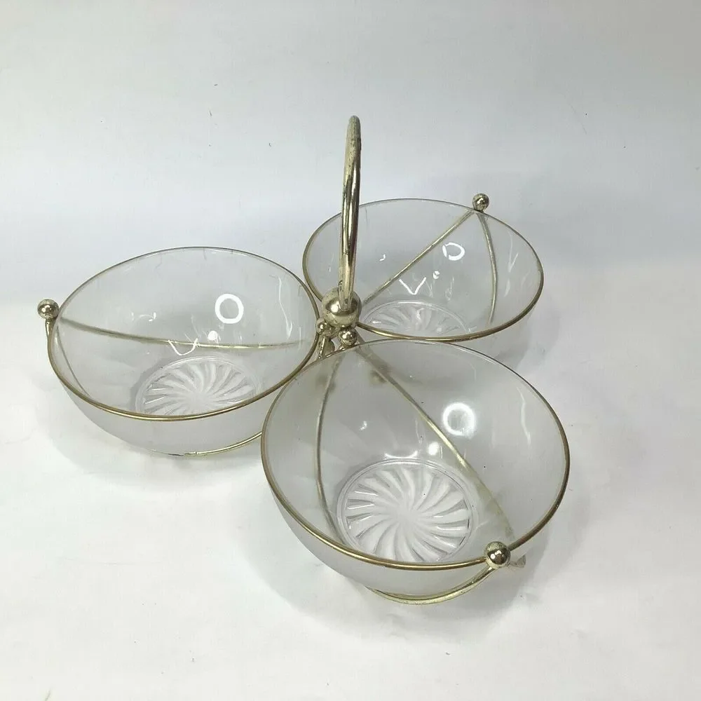 Vintage Libbey MCM Glass Gold Relish Condiment 3 Bowl Set Metal‎ Gold tone Caddy